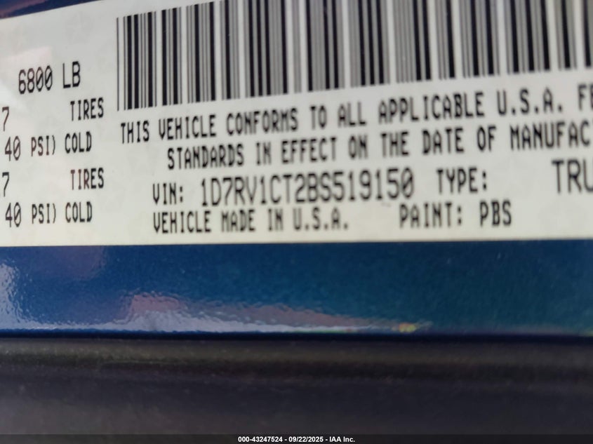 2011 Ram Ram 1500 Slt VIN: 1D7RV1CT2BS519150 Lot: 43247524
