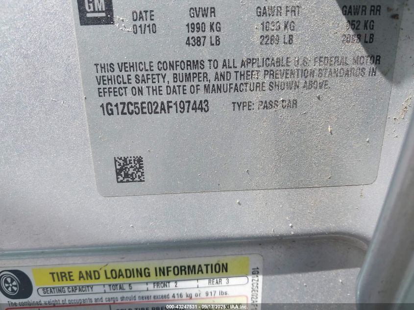 2010 Chevrolet Malibu Lt VIN: 1G1ZC5E02AF197443 Lot: 43247531