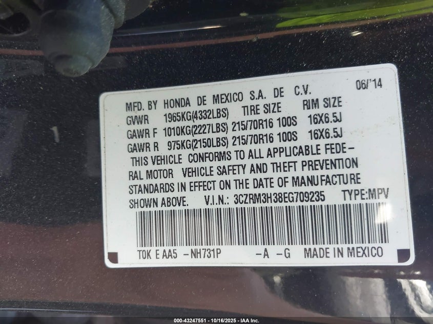 2014 Honda Cr-V Lx VIN: 3CZRM3H38EG709235 Lot: 43247551