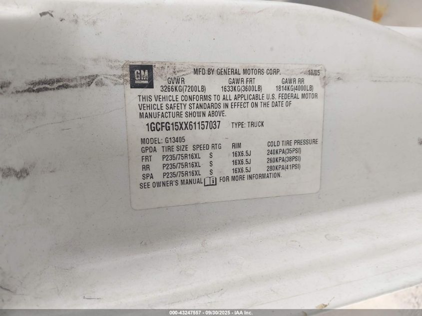 2006 Chevrolet Express Work Van VIN: 1GCFG15XX61157037 Lot: 43247557