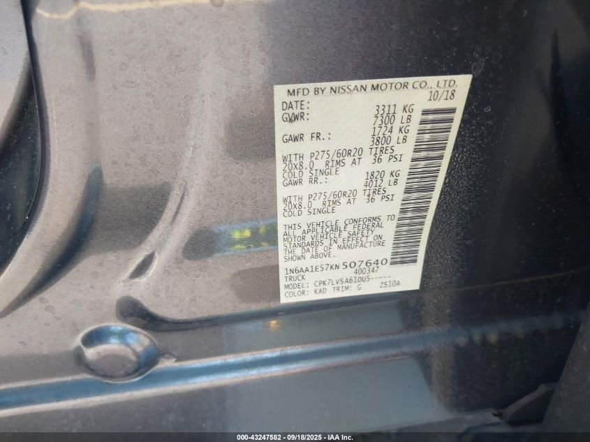 2019 Nissan Titan Sl VIN: 1N6AA1E57KN507640 Lot: 43247582