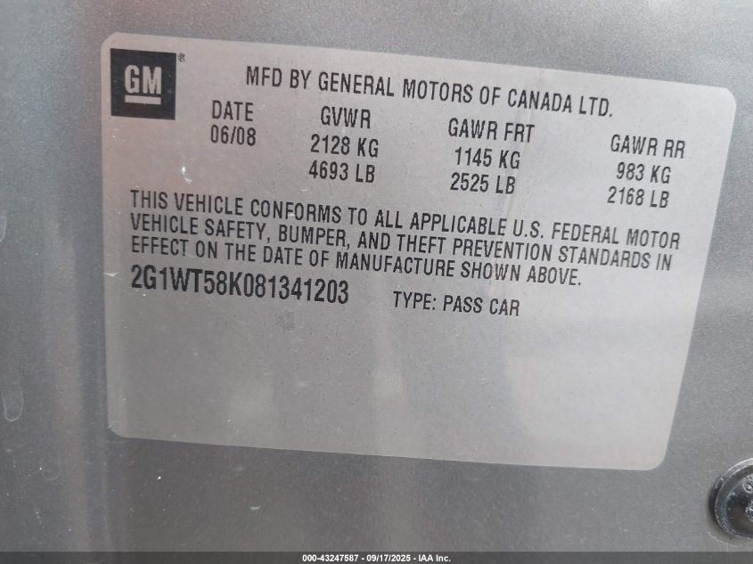 2008 Chevrolet Impala Lt VIN: 2G1WT58K081341203 Lot: 43247587