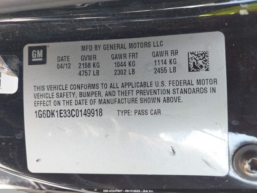 2012 Cadillac Cts Performance VIN: 1G6DK1E33C0149918 Lot: 43247607