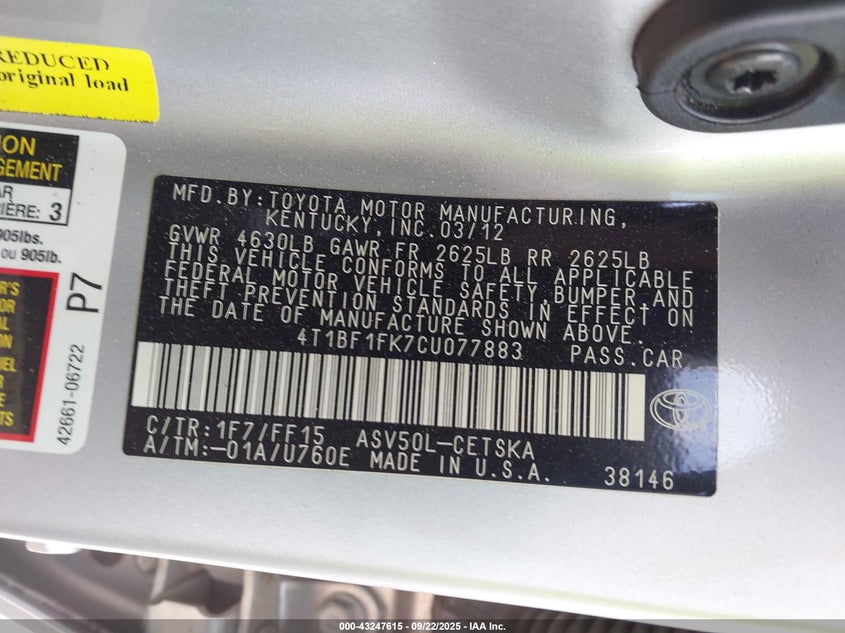 2012 Toyota Camry Se VIN: 4T1BF1FK7CU077883 Lot: 43247615