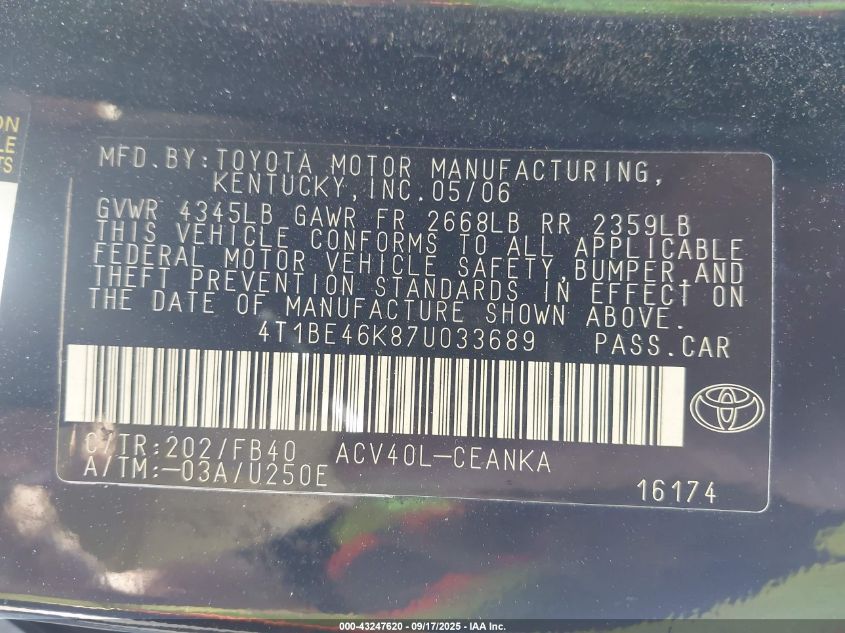 2007 Toyota Camry Le VIN: 4T1BE46K87U033689 Lot: 43247620