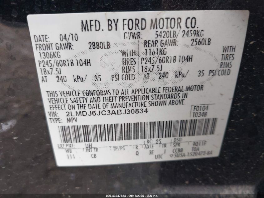 2010 Lincoln Mkx VIN: 2LMDJ6JC3ABJ30834 Lot: 43247624