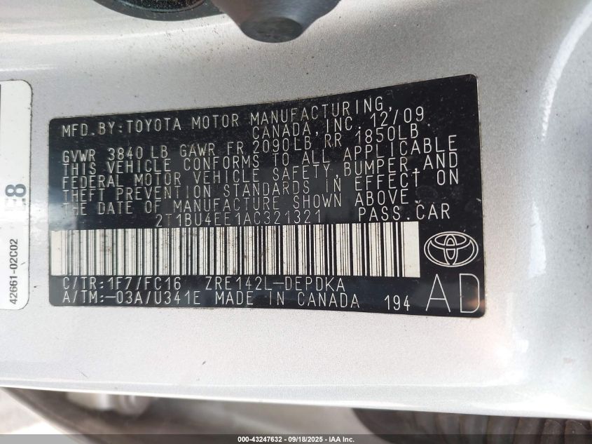 2010 Toyota Corolla Le VIN: 2T1BU4EE1AC321321 Lot: 43247632