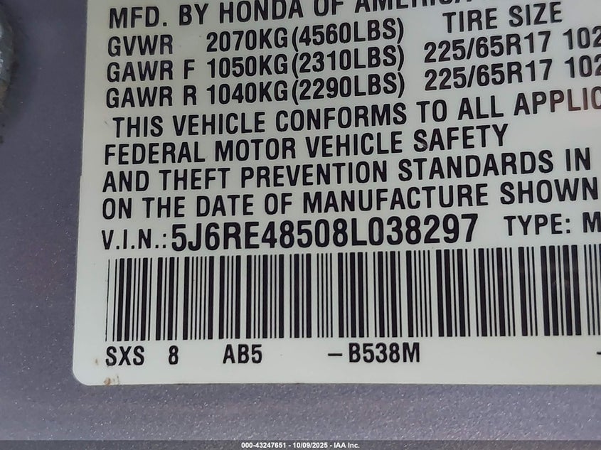 2008 Honda Cr-V Ex VIN: 5J6RE48508L038297 Lot: 43247651