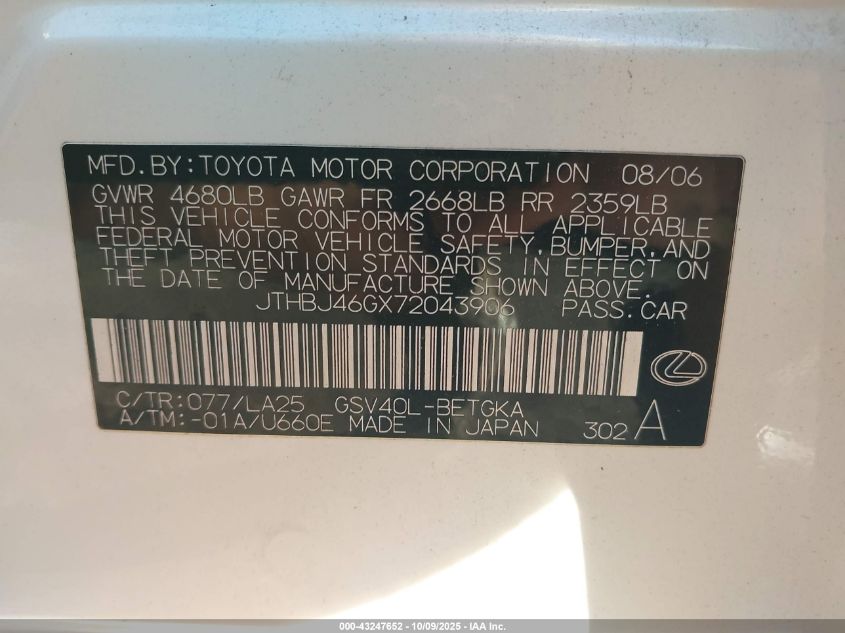 2007 Lexus Es 350 VIN: JTHBJ46GX72043906 Lot: 43247652