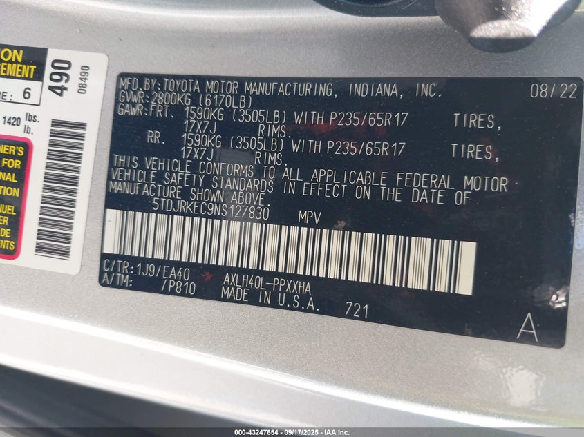 2022 TOYOTA SIENNA XLE - 5TDJRKEC9NS127830