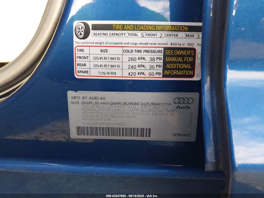 2006 Audi A3 2.0T VIN: WAUNF98P66A195001 Lot: 43247658