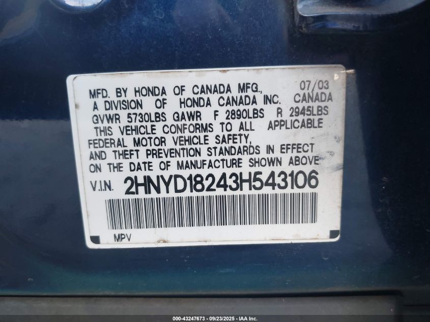 2003 Acura Mdx VIN: 2HNYD18243H543106 Lot: 43247673