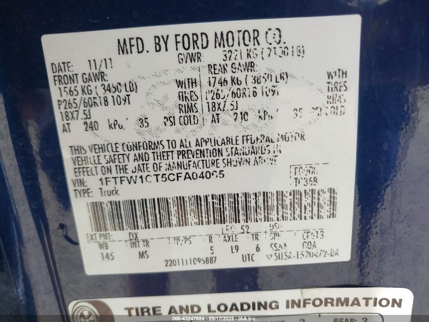 2012 Ford F-150 Xlt VIN: 1FTFW1CT5CFA04065 Lot: 43247684