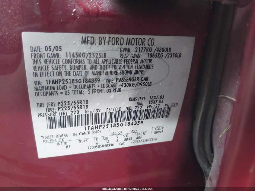 2005 Ford Five Hundred Limited VIN: 1FAHP25185G184359 Lot: 43247688
