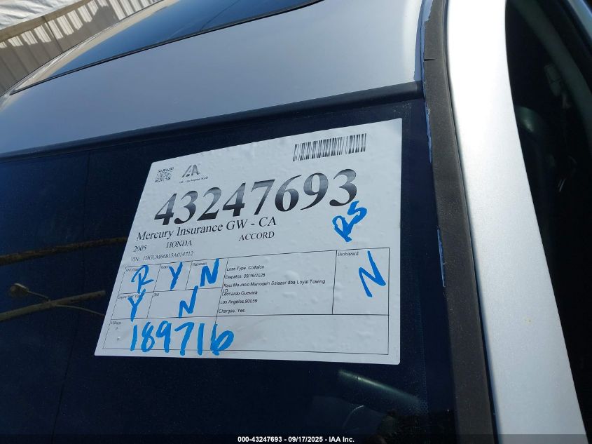 2005 Honda Accord 3.0 Ex VIN: 1HGCM66815A074712 Lot: 43247693