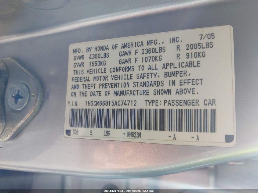 2005 Honda Accord 3.0 Ex VIN: 1HGCM66815A074712 Lot: 43247693