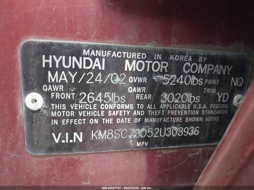 2002 Hyundai Santa Fe VIN: BRITTANYRICHARDS Lot: 43247701