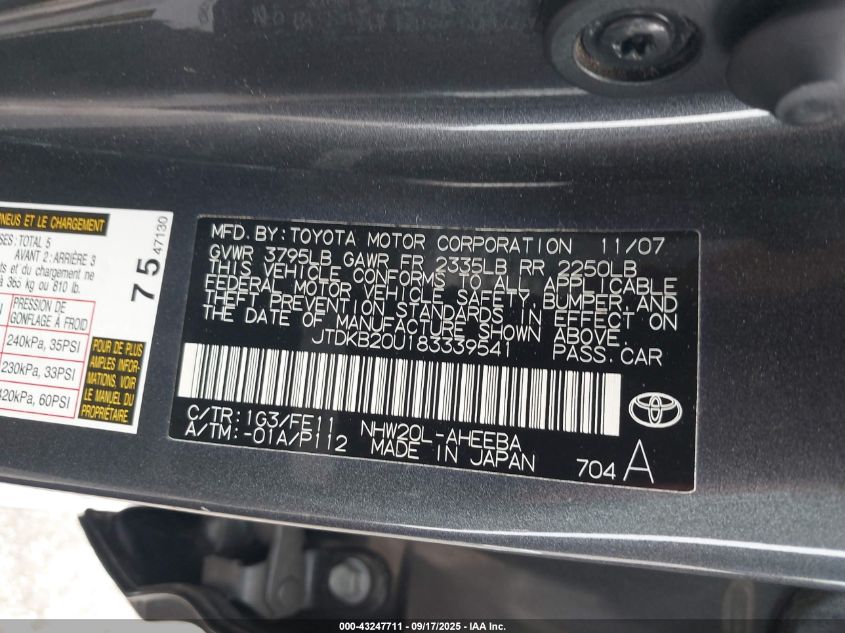 2008 Toyota Prius VIN: JTDKB20U183339541 Lot: 43247711