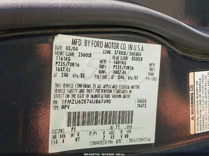 2004 Ford Explorer Xls VIN: 1FMZU62E74UB67490 Lot: 43247742