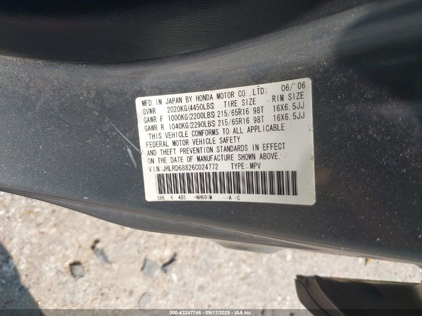 2006 Honda Cr-V Ex VIN: JHLRD68826C024772 Lot: 43247746