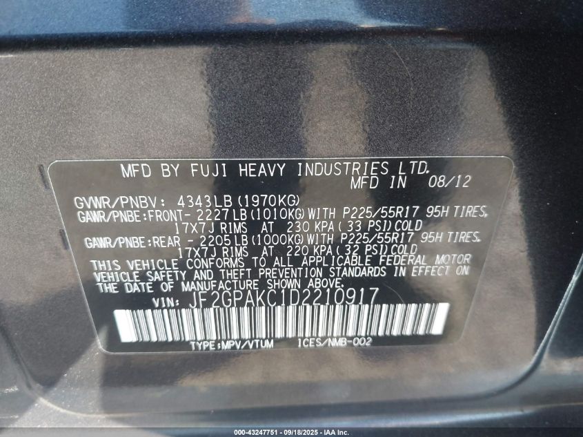 2013 Subaru Xv Crosstrek 2.0I Limited VIN: JF2GPAKC1D2210917 Lot: 43247751