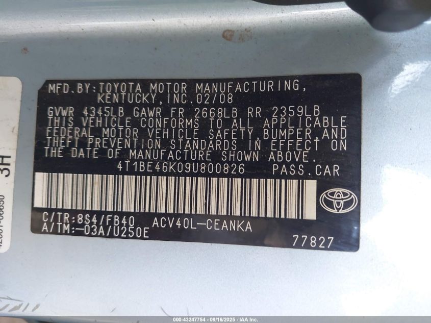 2009 Toyota Camry Le VIN: 4T1BE46K09U800826 Lot: 43247754