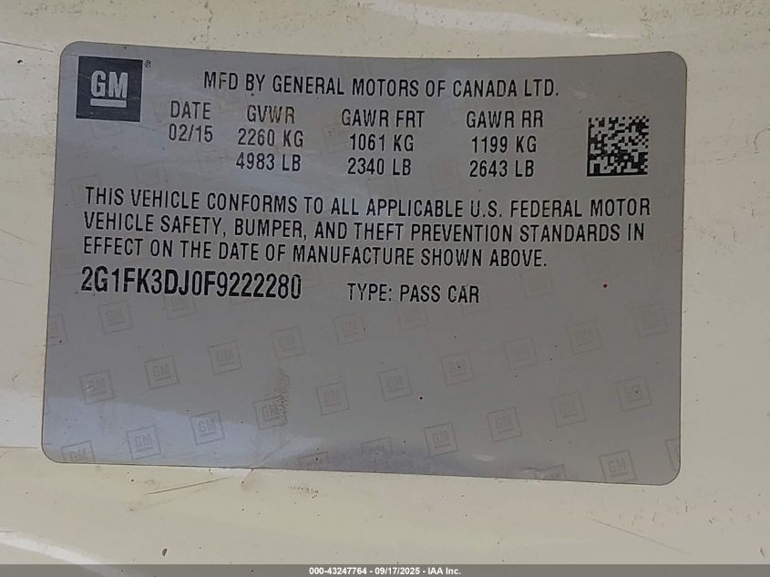 2015 Chevrolet Camaro 2Ss VIN: 2G1FK3DJ0F9222280 Lot: 43247764