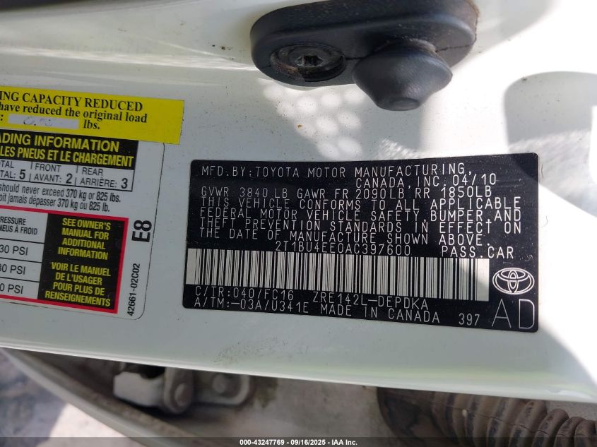 2010 Toyota Corolla Le VIN: 2T1BU4EE0AC397600 Lot: 43247769