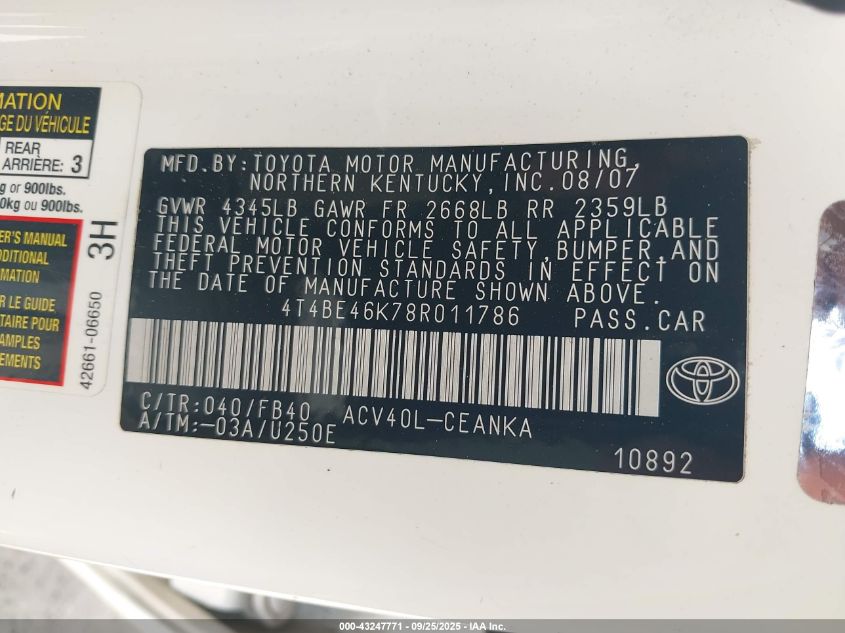 2008 Toyota Camry Le VIN: 4T4BE46K78R011786 Lot: 43247771