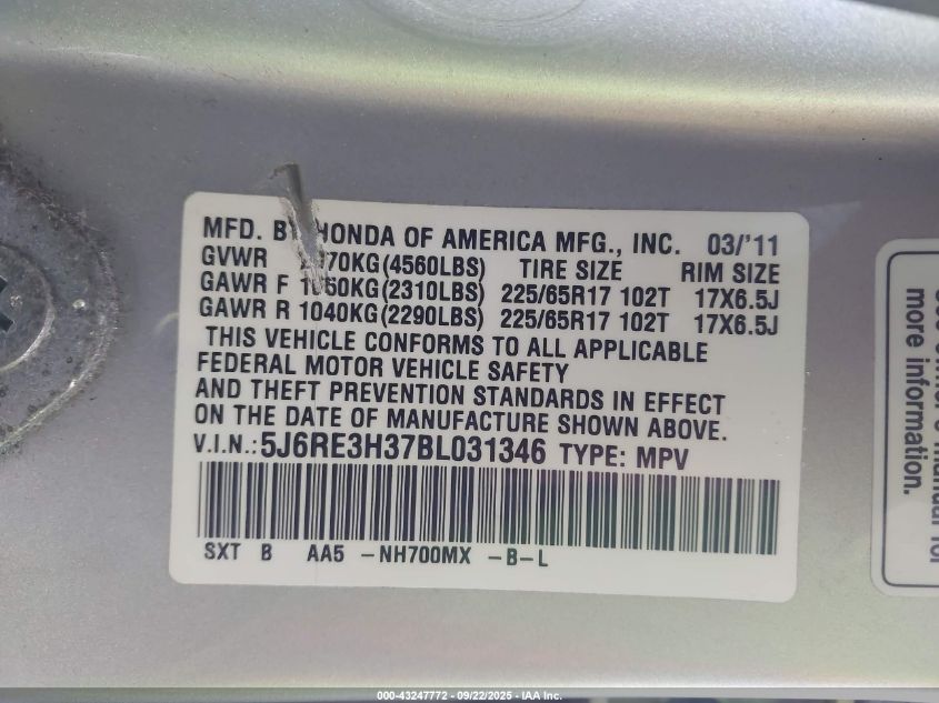 2011 Honda Cr-V Lx VIN: 5J6RE3H37BL031346 Lot: 43247772