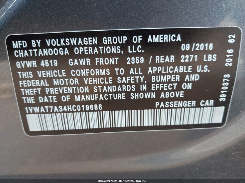 2017 Volkswagen Passat 1.8T S VIN: 1VWAT7A34HC019686 Lot: 43247802