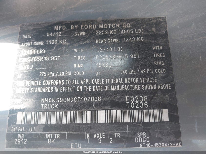 2012 Ford Transit Connect Xlt Premium VIN: NM0KS9CN0CT107838 Lot: 43247811