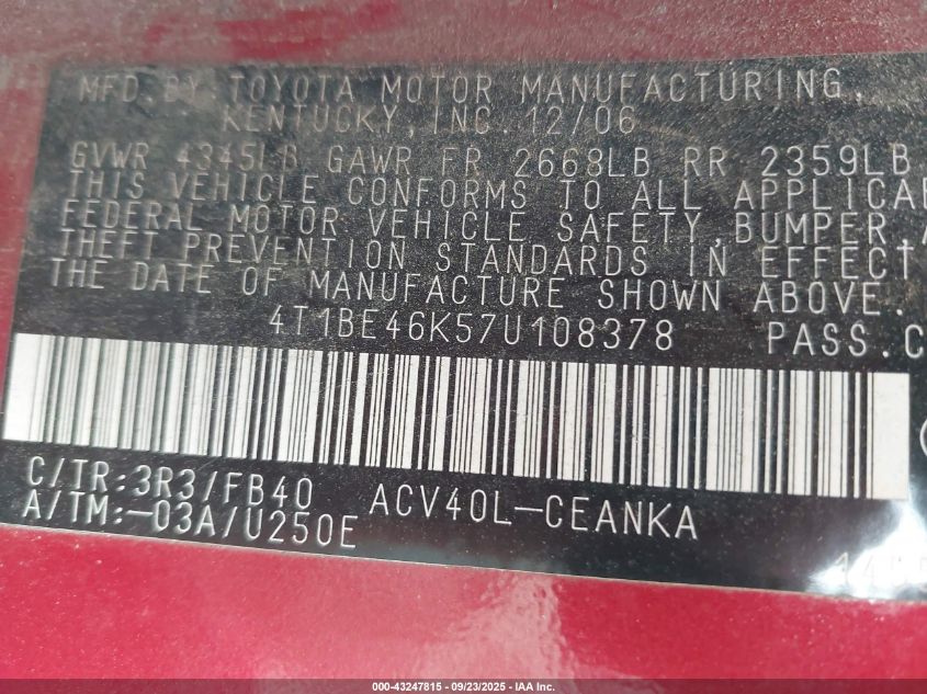 2007 Toyota Camry Le VIN: 4T1BE46K57U108378 Lot: 43247815