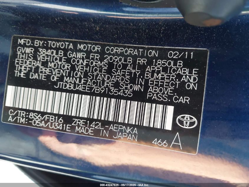 2011 Toyota Corolla Le VIN: JTDBU4EE7B9135435 Lot: 43247825