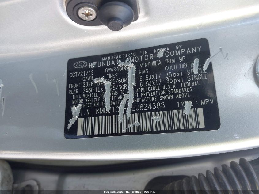 2014 Hyundai Tucson Gls VIN: KM8JTCAF2EU824383 Lot: 43247829