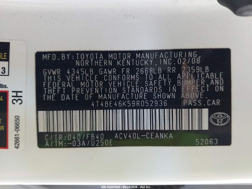 2009 Toyota Camry Le VIN: 4T4BE46K59R052936 Lot: 43247840