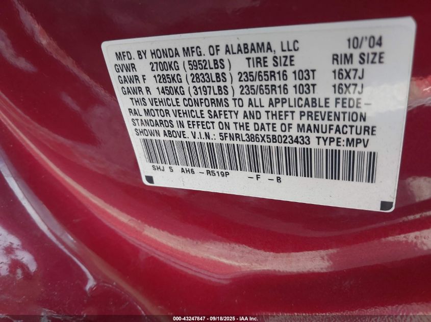 2005 Honda Odyssey Ex-L VIN: 5FNRL386X5B023433 Lot: 43247847