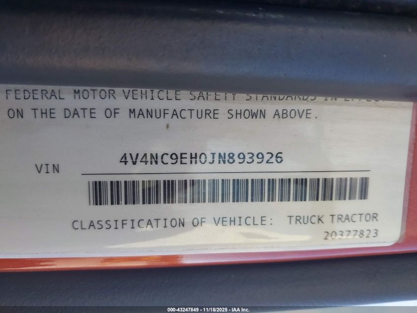 2018 Volvo Vnl VIN: 4V4NC9EH0JN893926 Lot: 43247849