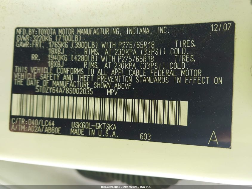 2008 Toyota Sequoia Sr5 VIN: 5TDZY64A78S002035 Lot: 43247855