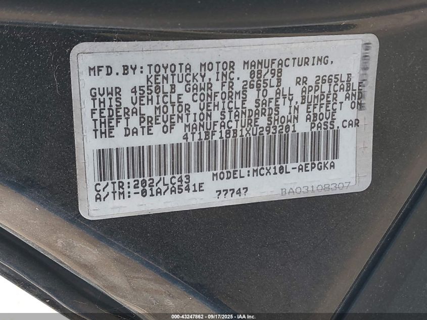 1999 Toyota Avalon Xls VIN: 4T1BF18B1XU293201 Lot: 43247862