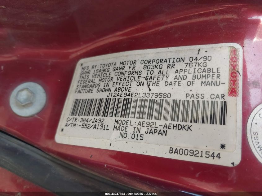 1990 Toyota Corolla VIN: JT2AE94E2L3379580 Lot: 43247864