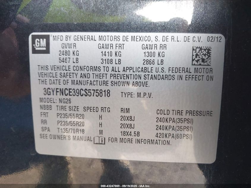 2012 Cadillac Srx Premium Collection VIN: 3GYFNCE39CS575818 Lot: 43247869