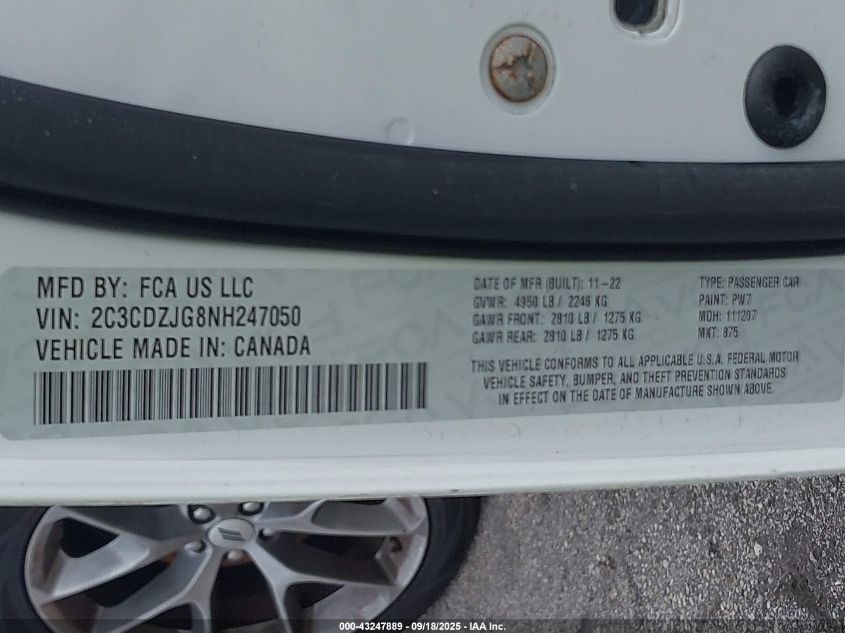 2022 Dodge Challenger Gt VIN: 2C3CDZJG8NH247050 Lot: 43247889