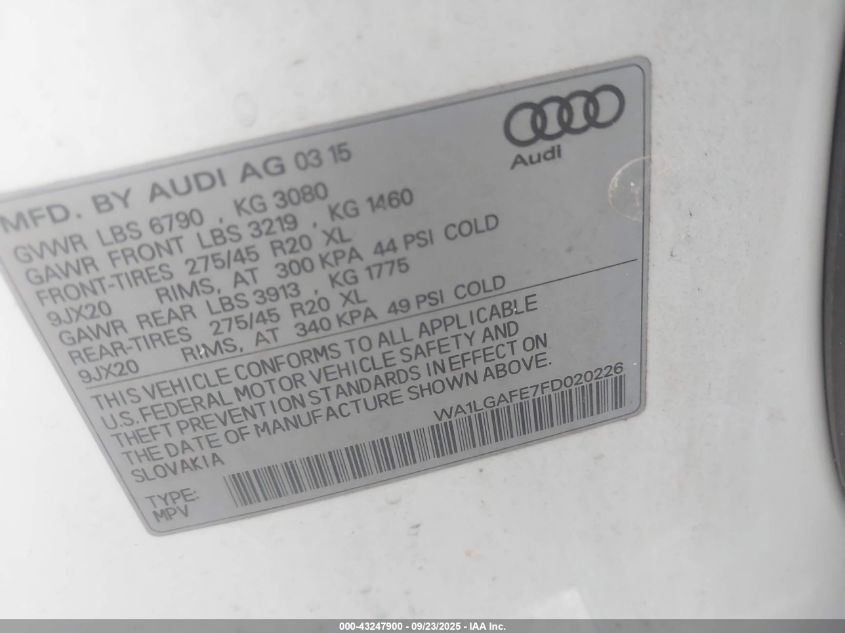 2015 Audi Q7 3.0T Premium VIN: WA1LGAFE7FD020226 Lot: 43247900