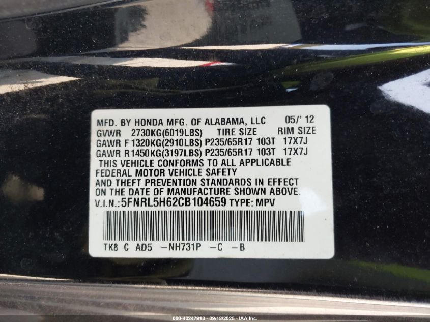 2012 Honda Odyssey Ex-L VIN: 5FNRL5H62CB104659 Lot: 43247913