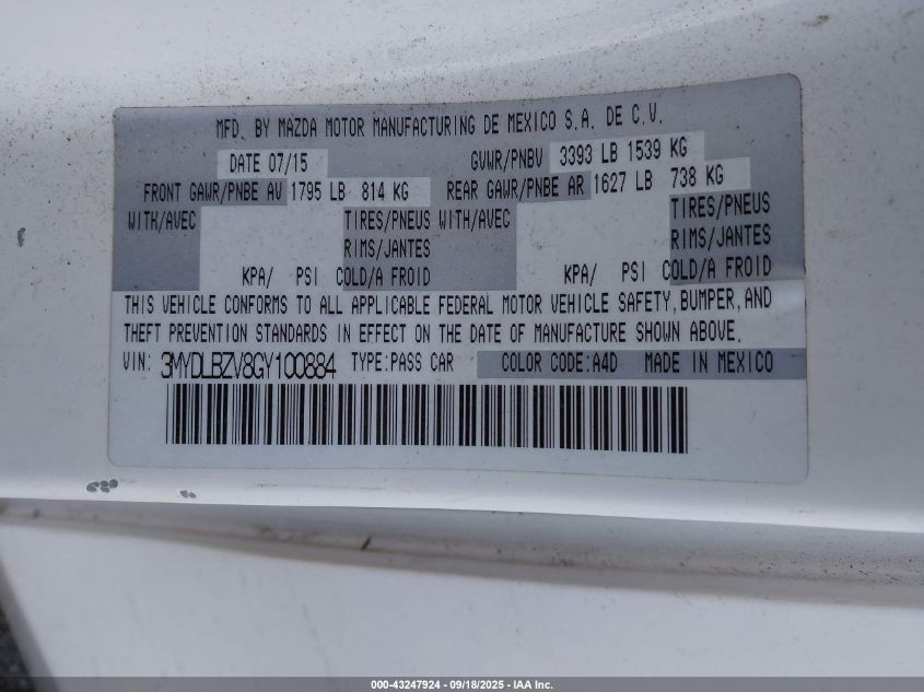 2016 Scion Ia VIN: 3MYDLBZV8GY100884 Lot: 43247924