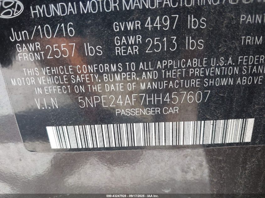 2017 Hyundai Sonata VIN: 5NPE24AF7HH457607 Lot: 43247928