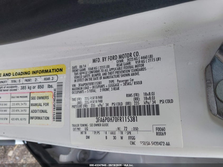 2015 Ford Fusion Se VIN: 3FA6P0H70FR115381 Lot: 43247945