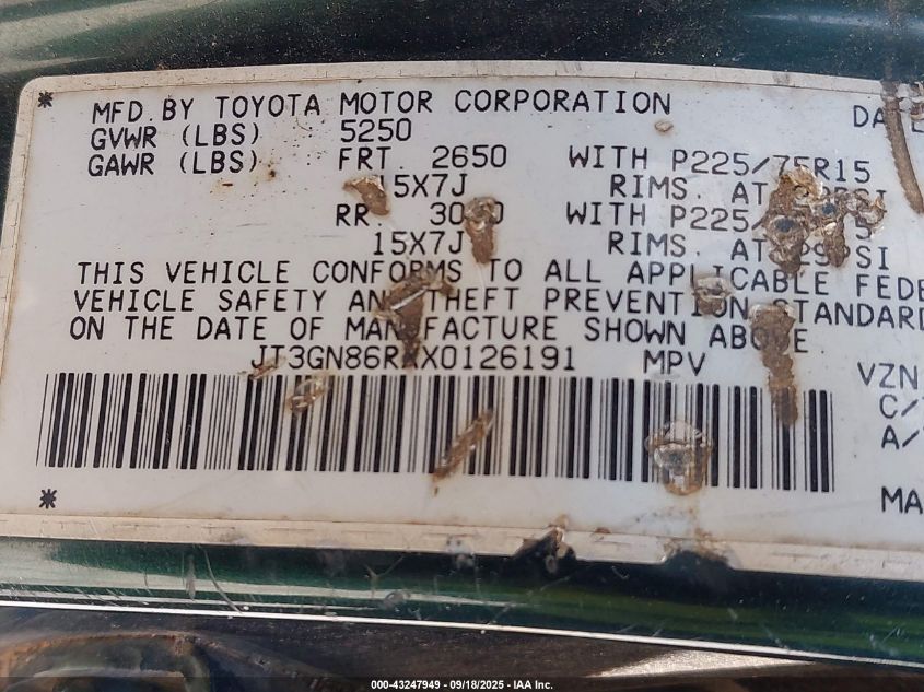 1999 Toyota 4Runner VIN: JT3GN86RXX0126191 Lot: 43247949