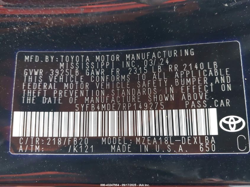 2024 Toyota Corolla Le VIN: 5YFB4MDE7RP149275 Lot: 43247954